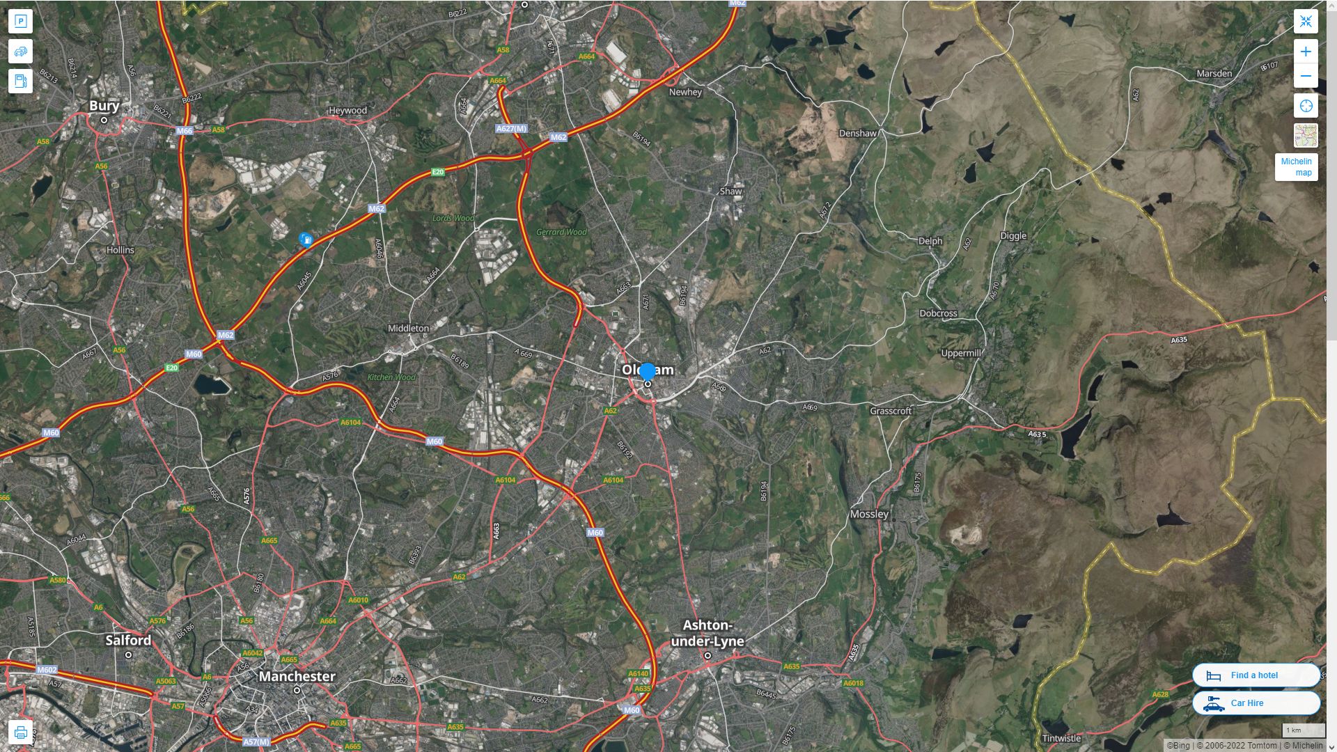 Oldham Royaume Uni Autoroute et carte routiere avec vue satellite